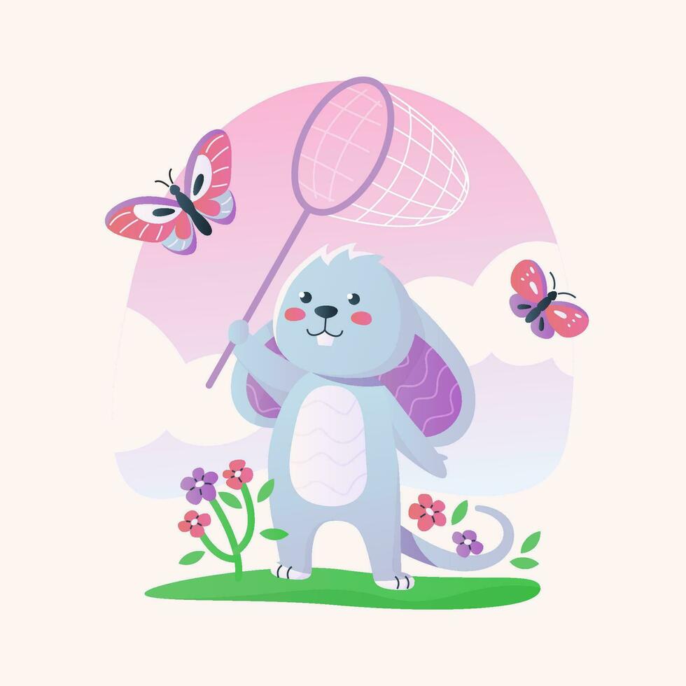 Cute mouse catches butterfly on the meadow. vector