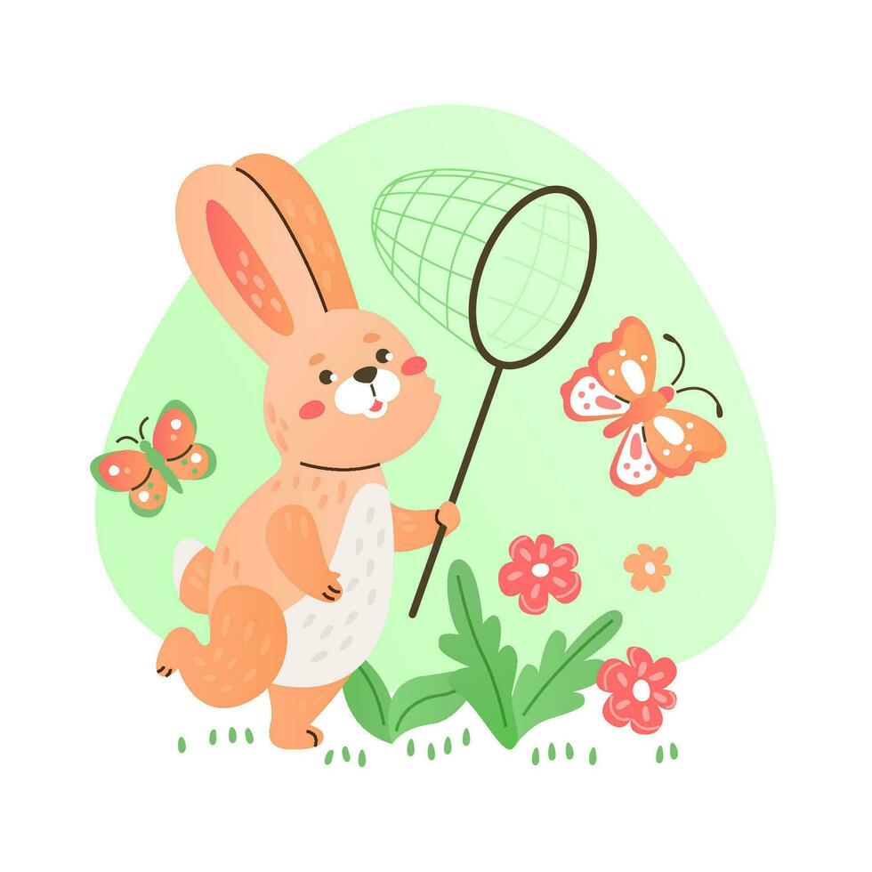 Funny rabbit with a net catches butterflies on the lawn. vector