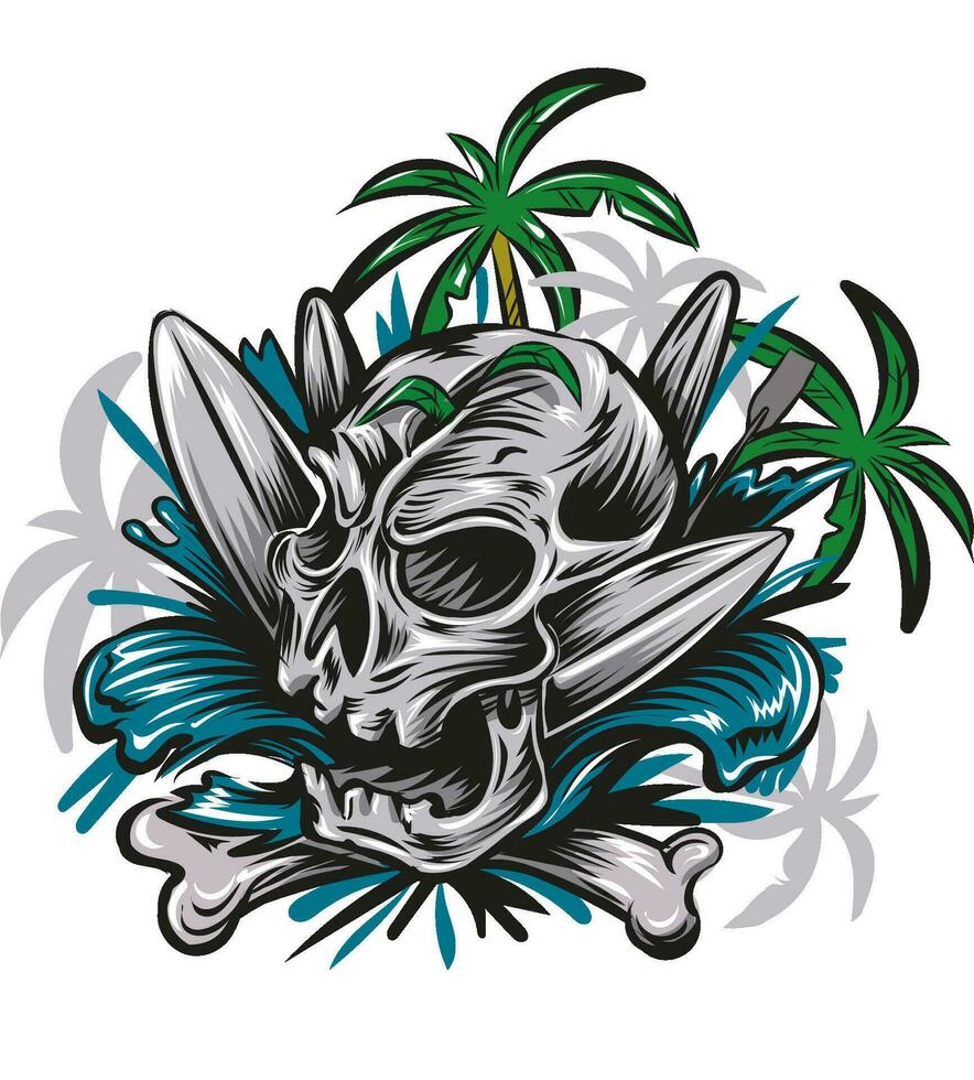 skull head on the beach with a surfboard. vector illustration