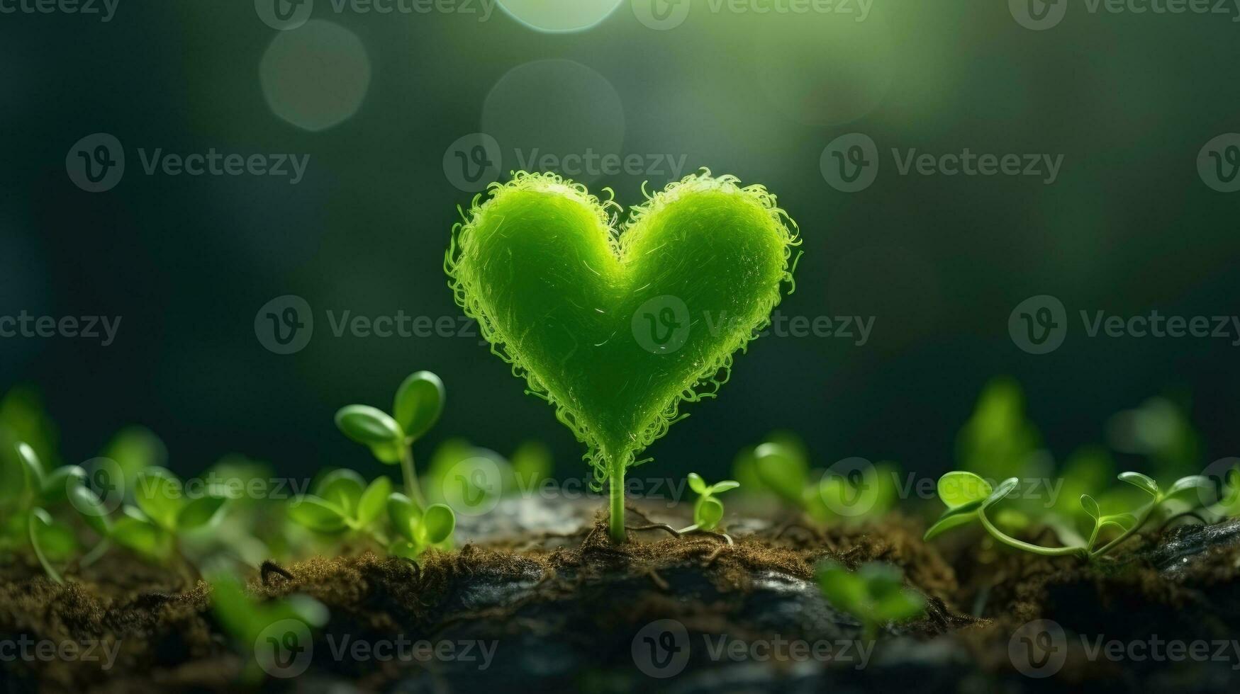Plant growing out of a heart shaped soil with bokeh background. photo