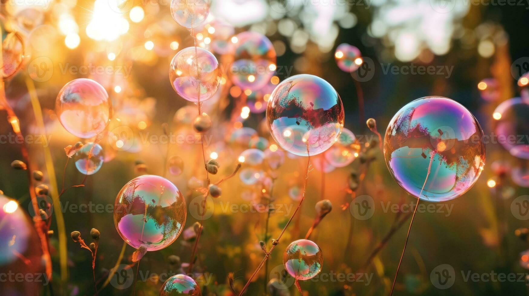 Natural background with summer green meadow and soap bubbles photo