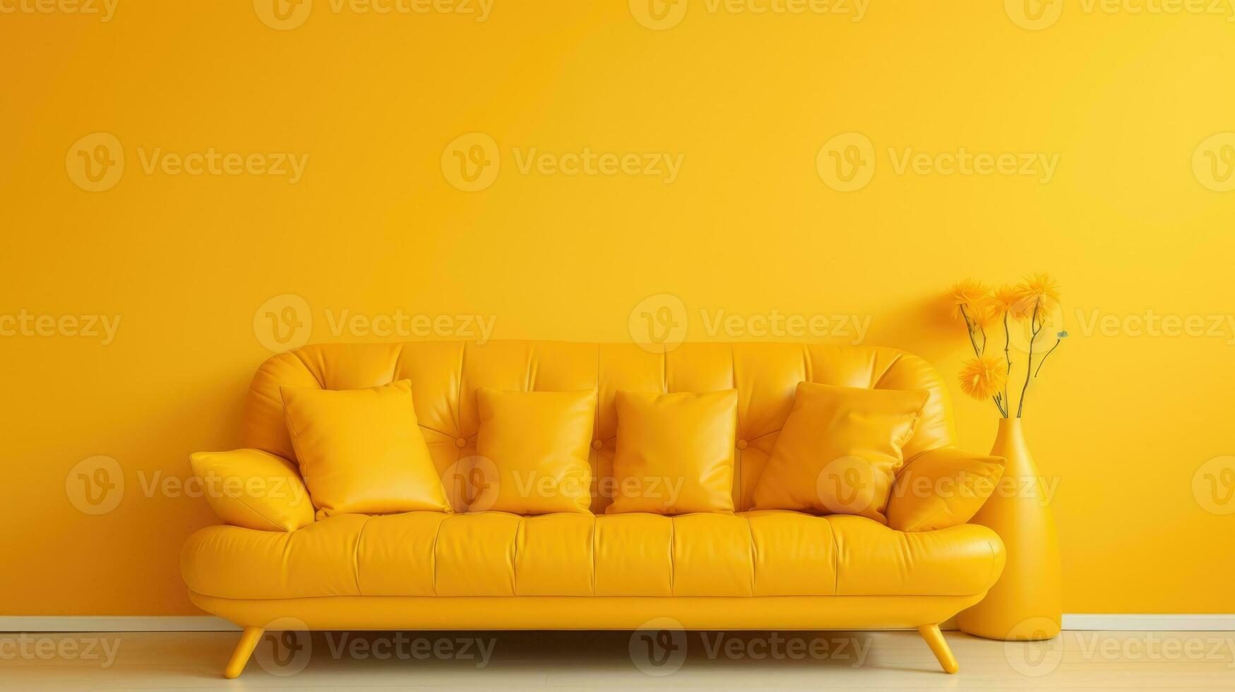 mínimo concepto. interior de vivo habitación. sofá en amarillo antecedentes. foto