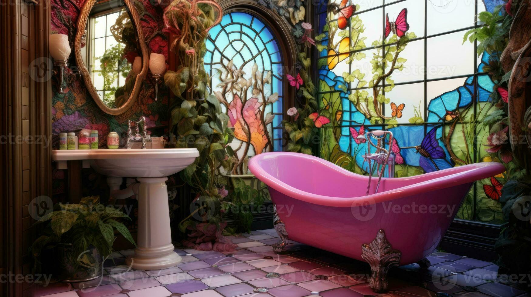 Bathroom in kitsch style. Incredible fairytale design and vibrant colors. photo