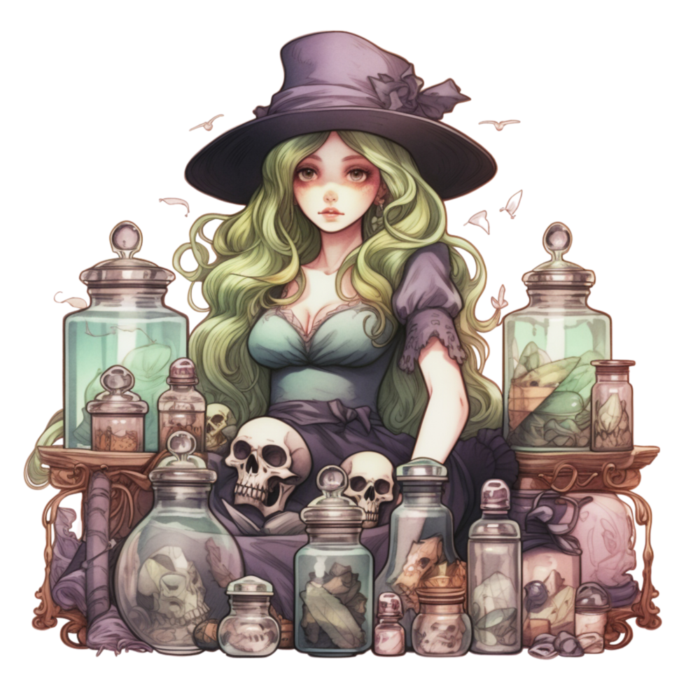 AI Generative Watercolor witch magic potion on transparent background png