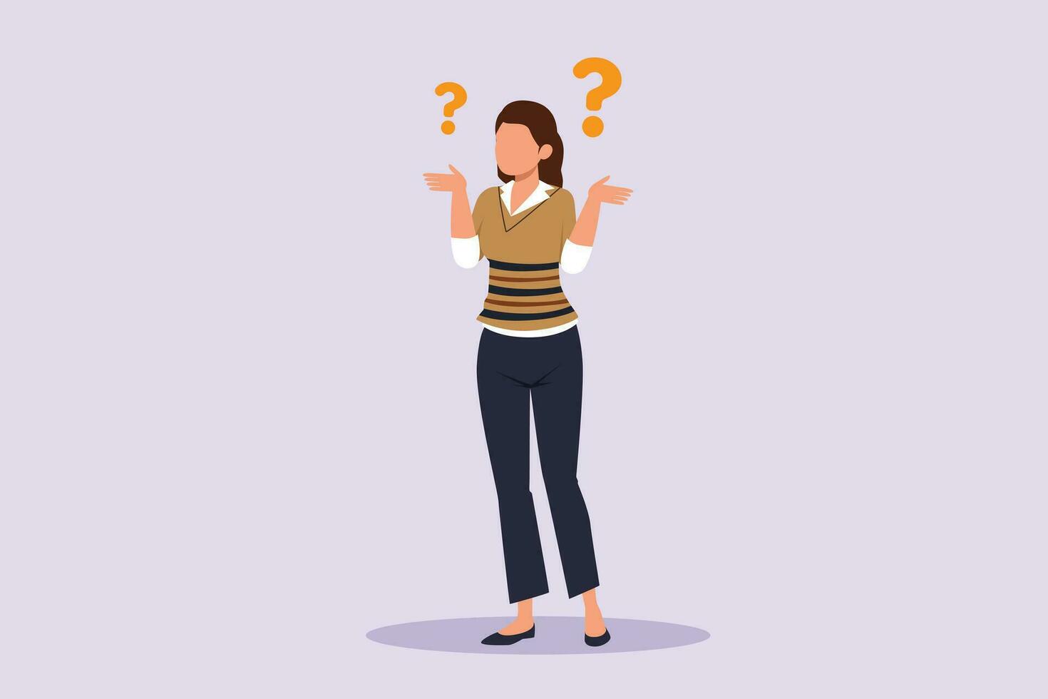 Confused Woman in doubts and thoughts concept. Colored flat vector illustration isolated.