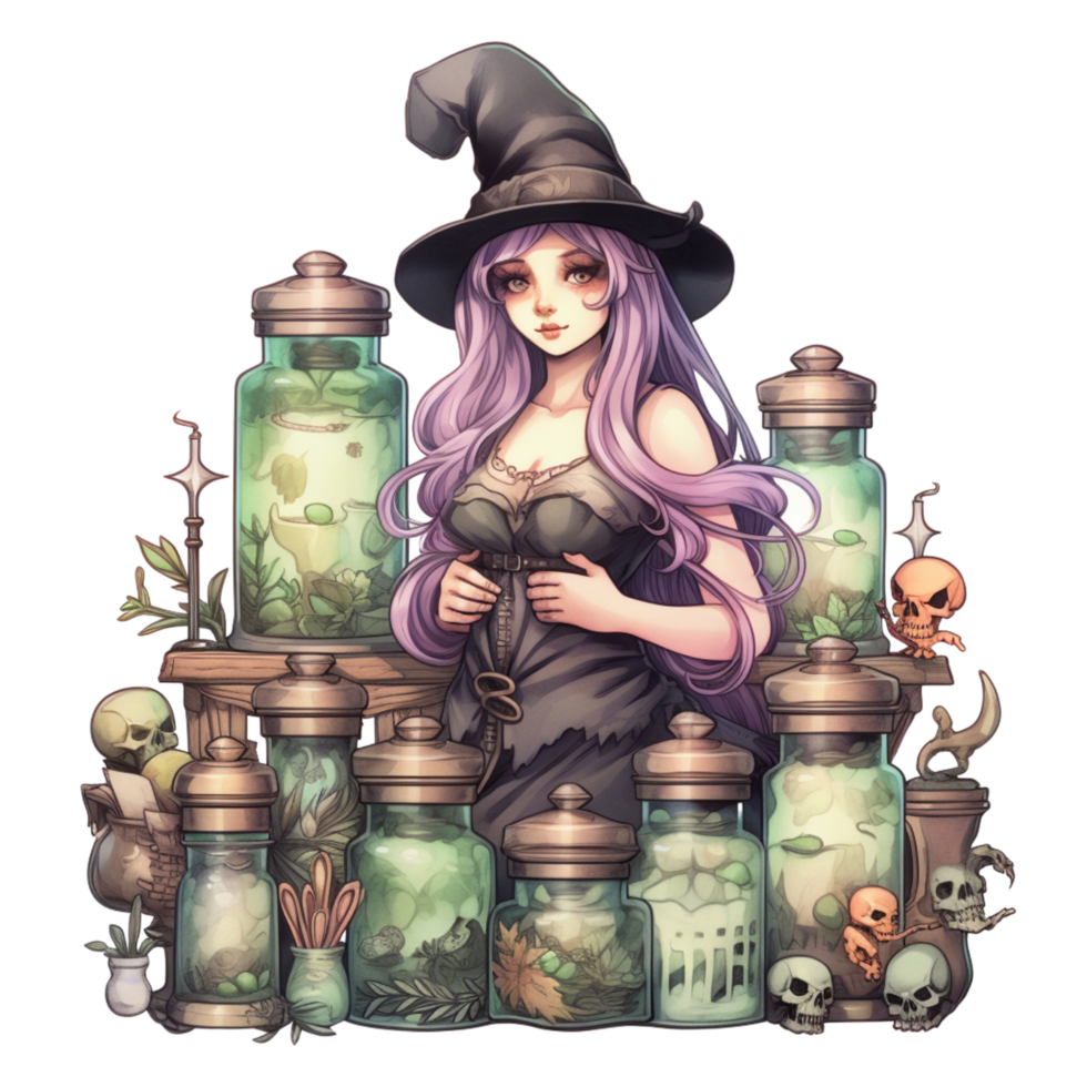 AI Generative Watercolor witch magic potion on transparent background png