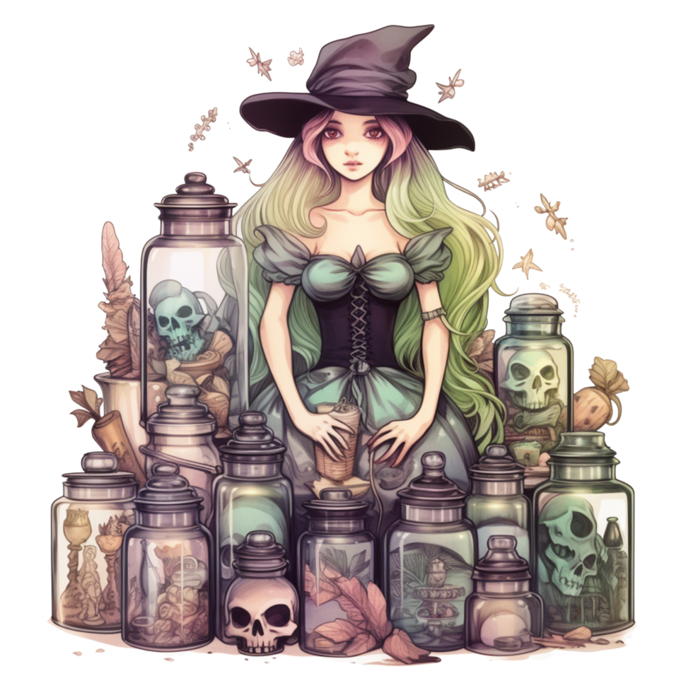 AI Generative Watercolor witch magic potion on transparent background png