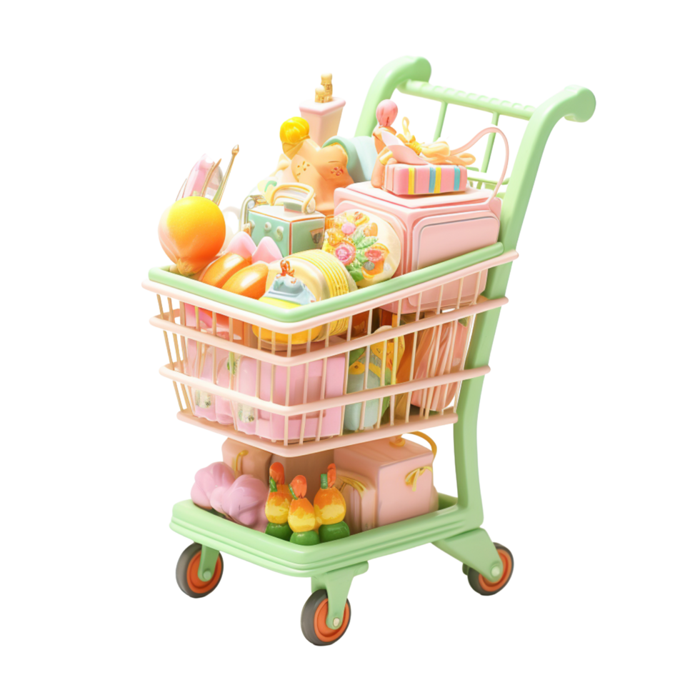 AI Generative 3D shopping cart in pastel color for sale on transparent background png
