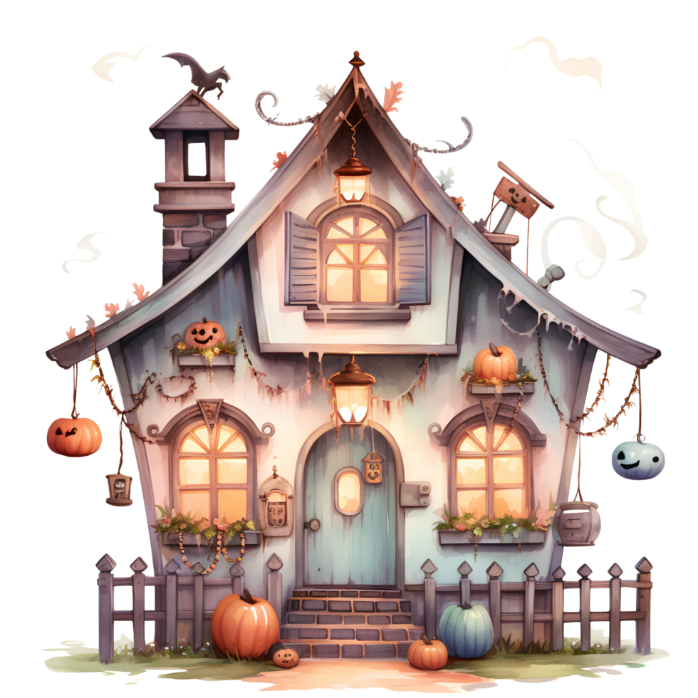 AI Generative fairy tale castle Watercolor haunted house Halloween on transparent background png