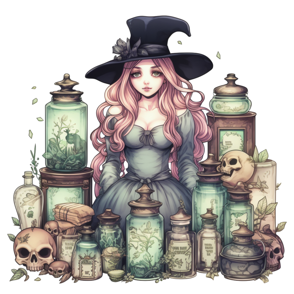 AI Generative Watercolor witch magic potion on transparent background png