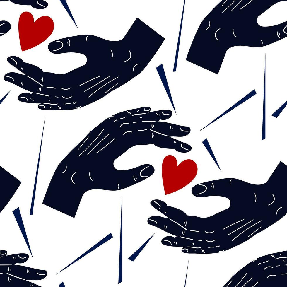 Seamless pattern depicting elements of love protection. two hands protect the heart from sharp lines. Conceptual illustration. Ideal for decorating textile packaging, scrapbooking. Saving Love vector