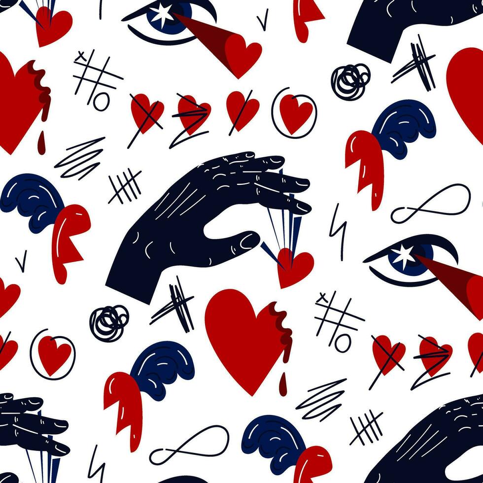 Seamless pattern with the image of the elements of the heartthrob. Hand manipulating, eyes shooting hearts, crossed out hearts. Conceptual illustration. Ideal for decoration textiles packaging vector