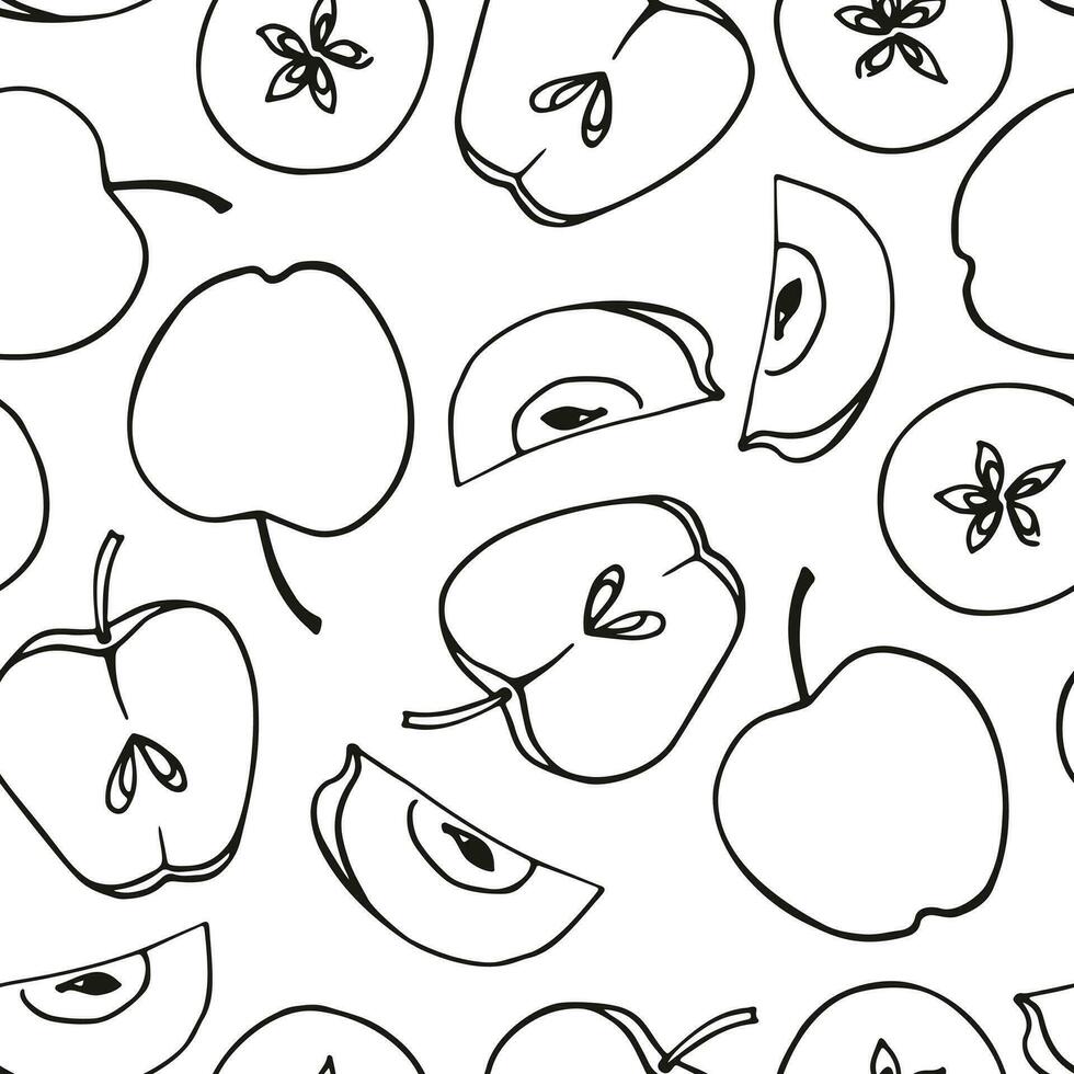 Seamless vector pattern on a white background. Hand drawn apple, apple slice, leaves. Doodle fruits. For paper, textile, gift wrapping, interior decoration, menu. Cartoon design