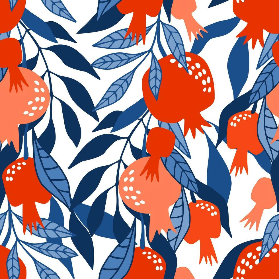 Seamless vector pattern with juicy and bright pomegranates on a white background. For wallpaper, wrapping paper, textiles, postcards, web page backgrounds, interior decor, menus. Cartoon design.