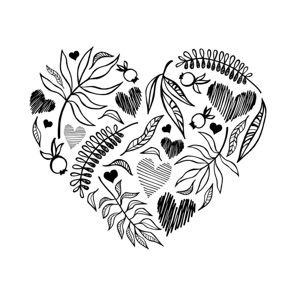 Monochrome composition in the shape of a heart from doodle elements. Vector plant elements and hearts.