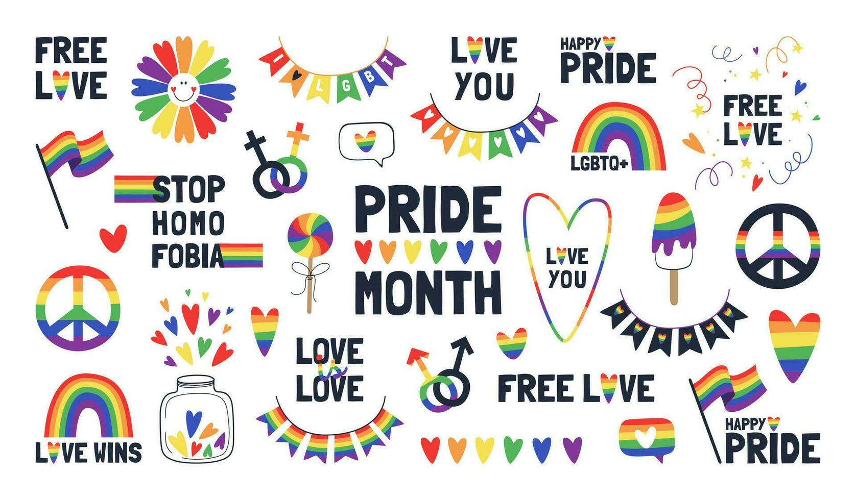 Set of vector elements for pride month. Symbols of the LGBT community.