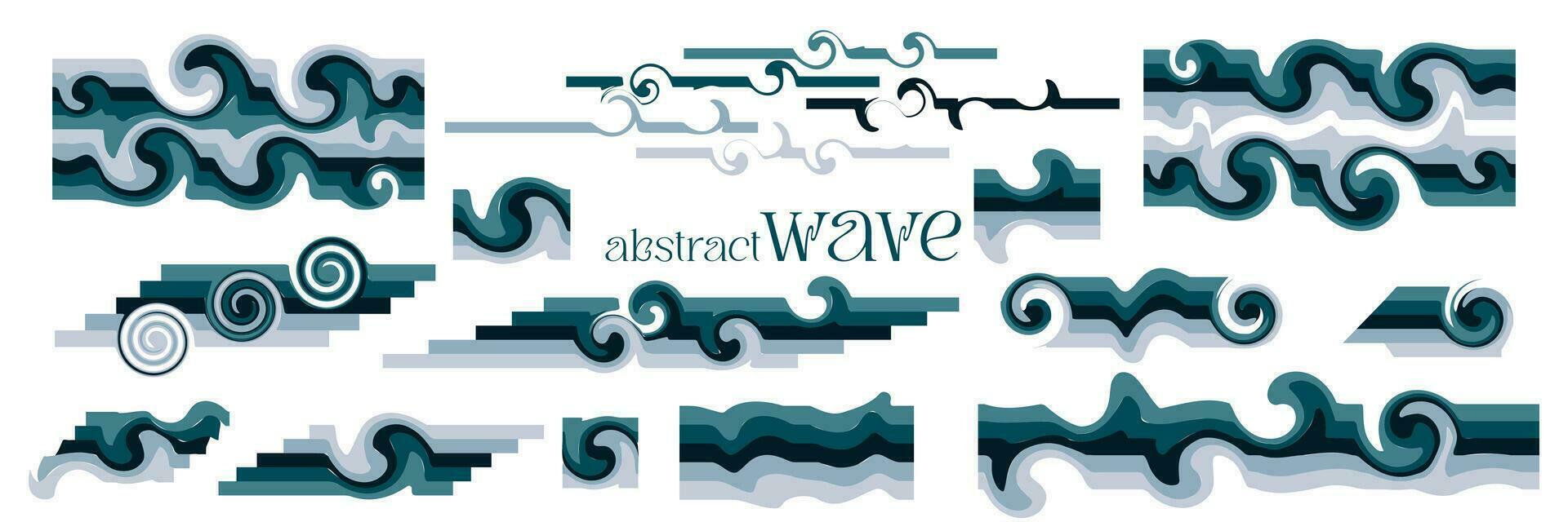 Abstract set of square backgrounds with colored waves. Fashionable vector illustration in retro style. Blue shades in swirling elements similar to waves