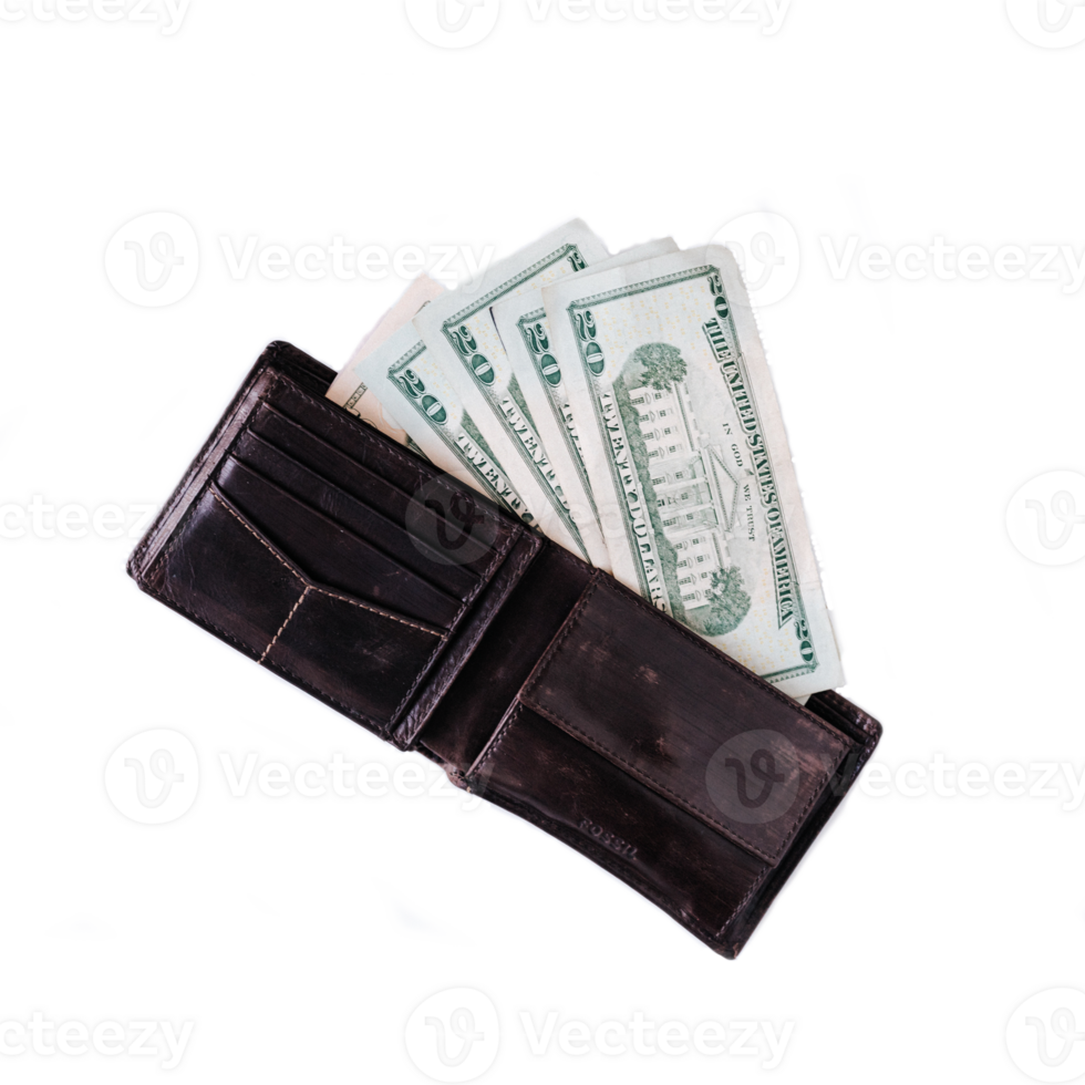 Brown male closed wallet with money on a transparent background. Close-up. png
