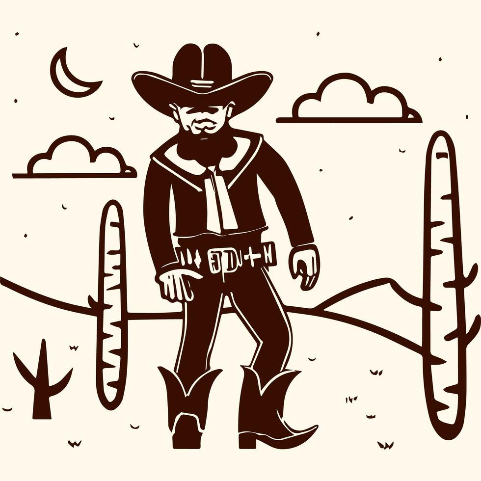 Rodeo western vintage cowboy hand drawn artwork. Cowboy coloring page vector photo