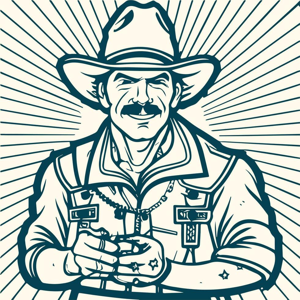 Rodeo western vintage cowboy hand drawn artwork. Cowboy coloring page vector