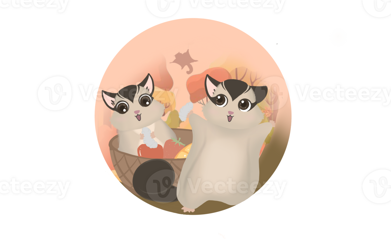 Cute cartoon two sugar gliders happy with cereals in circle shape, can put a word or brand on top png