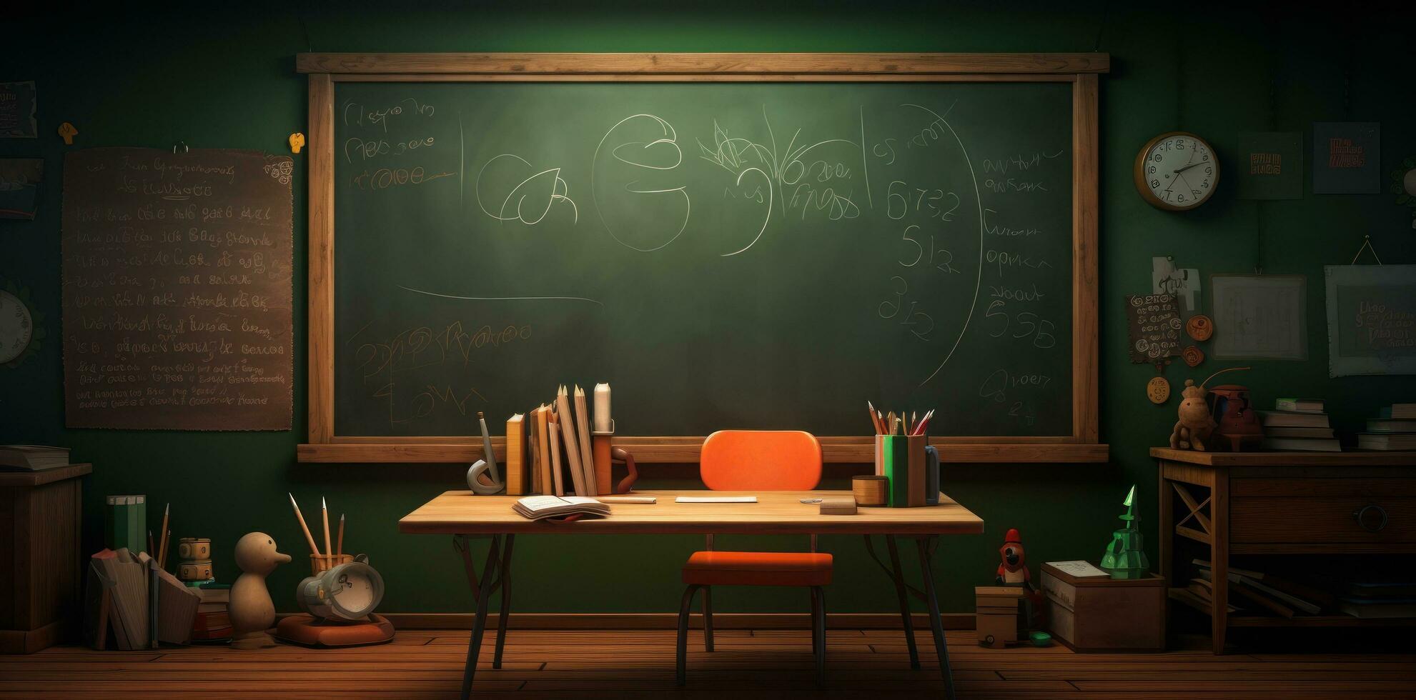 A classroom with a blackboard, desk, pens, and school supplies photo