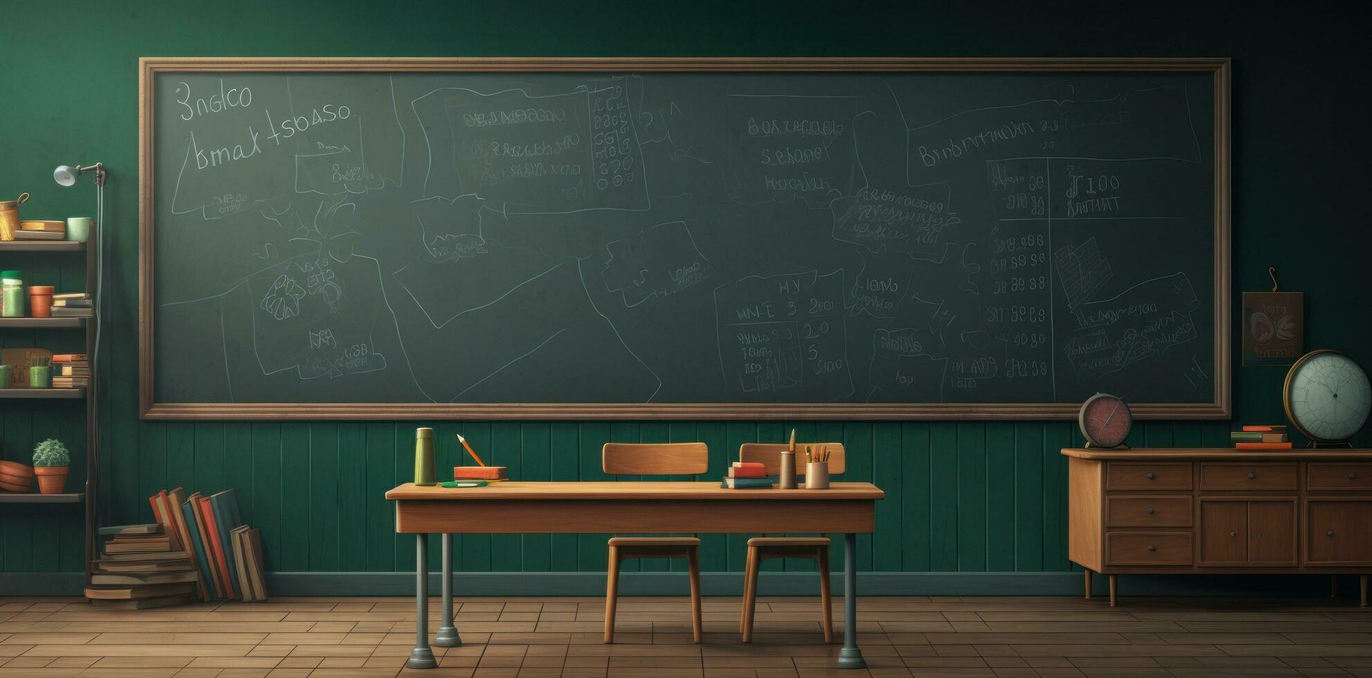 A classroom with a blackboard, desk, pens, and school supplies photo