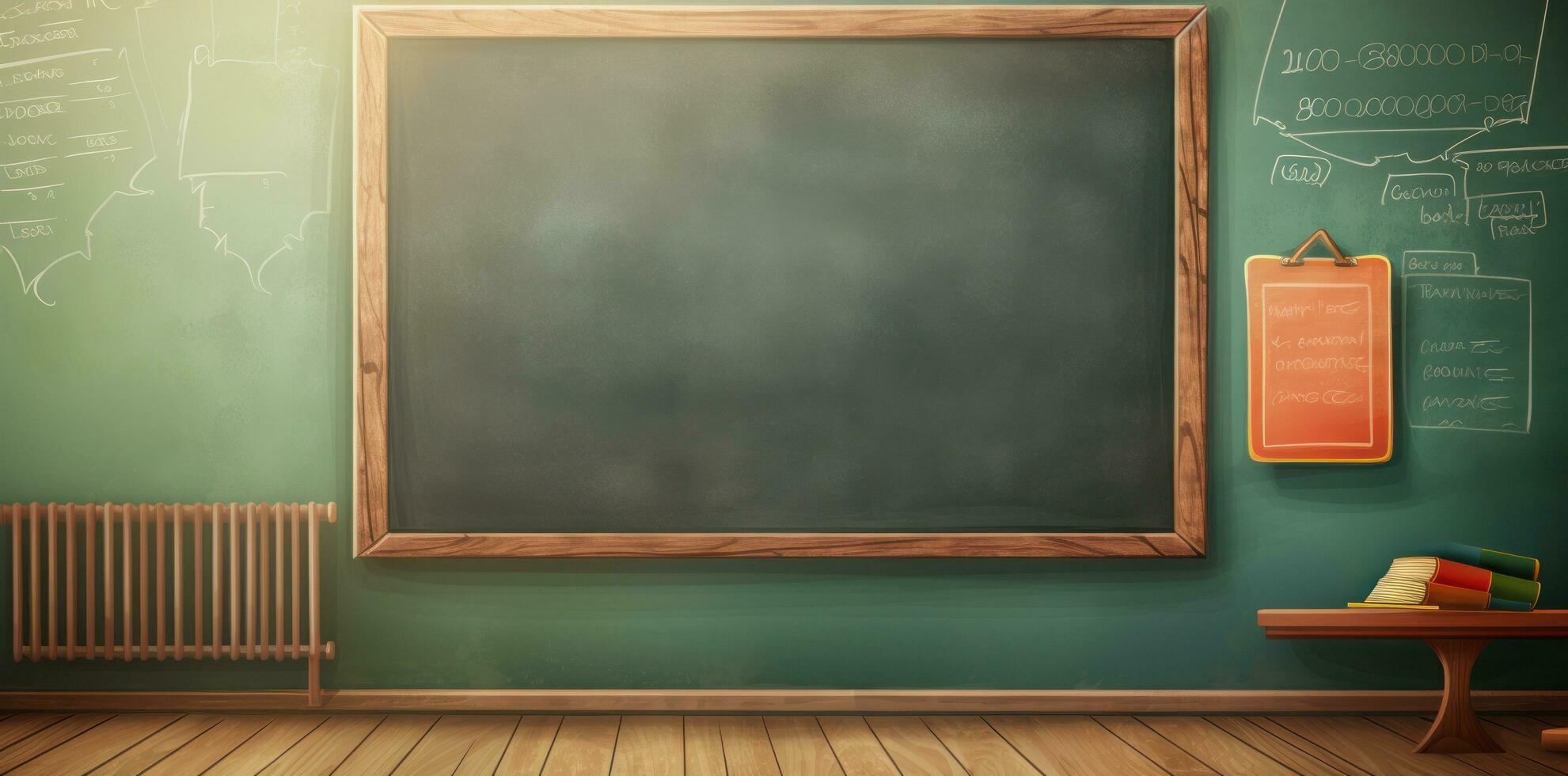 A classroom with a blackboard, desk, pens, and school supplies photo