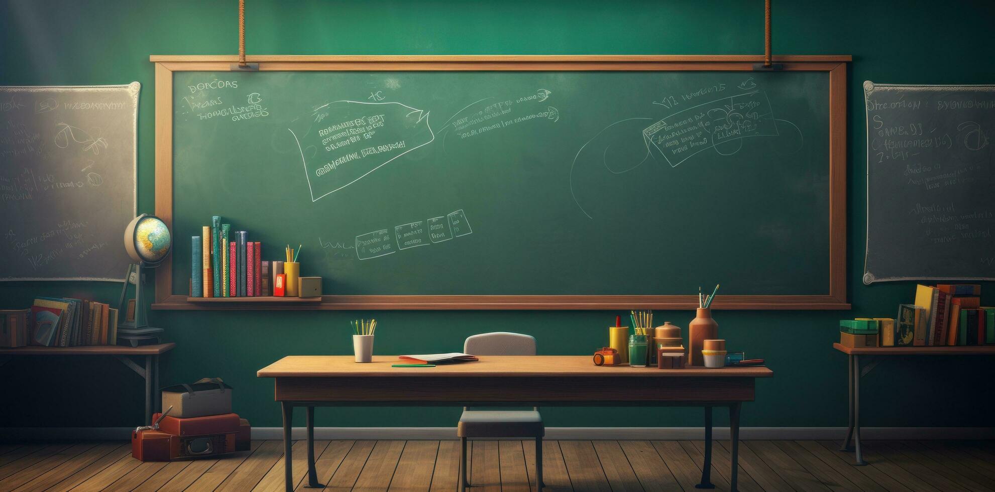 A classroom with a blackboard, desk, pens, and school supplies photo