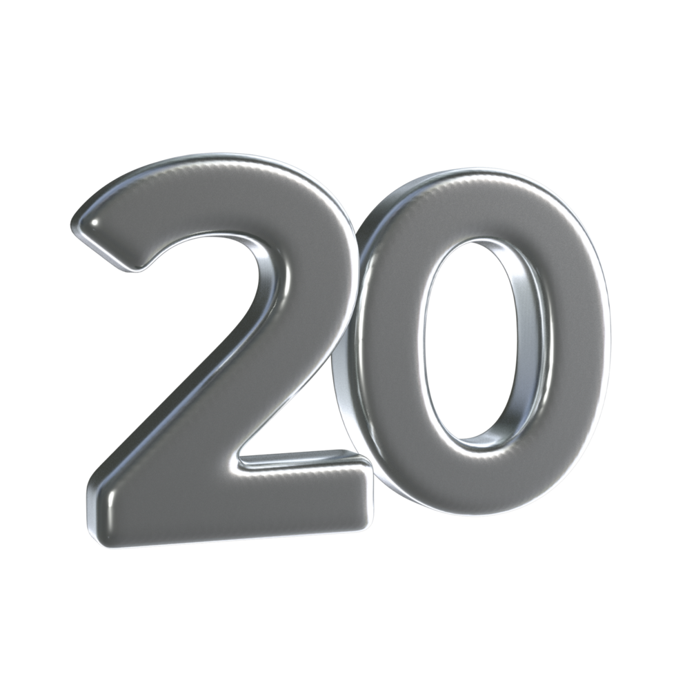 Number 20 3D Render with Silver Material png