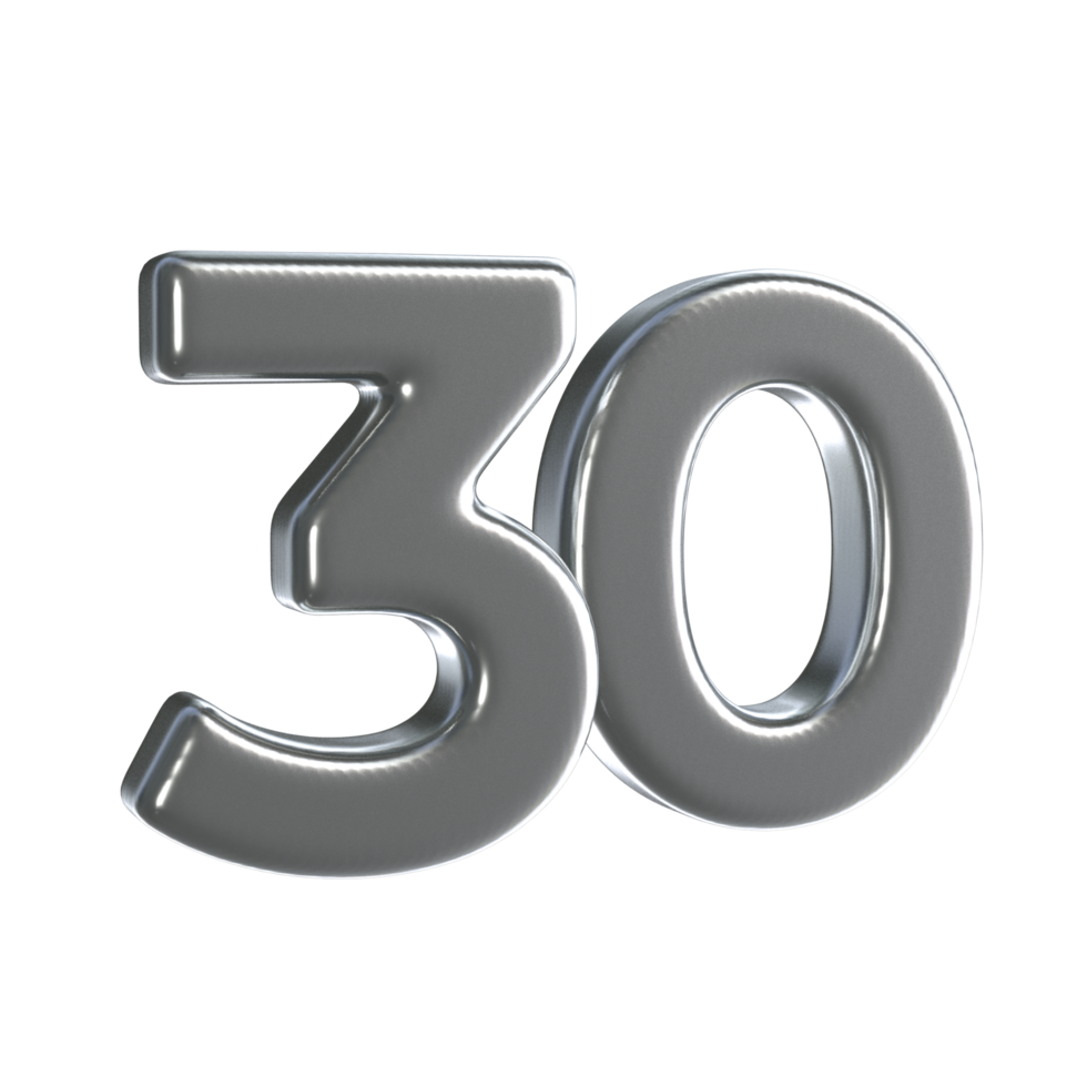 Number 30 3D Render with Silver Material png
