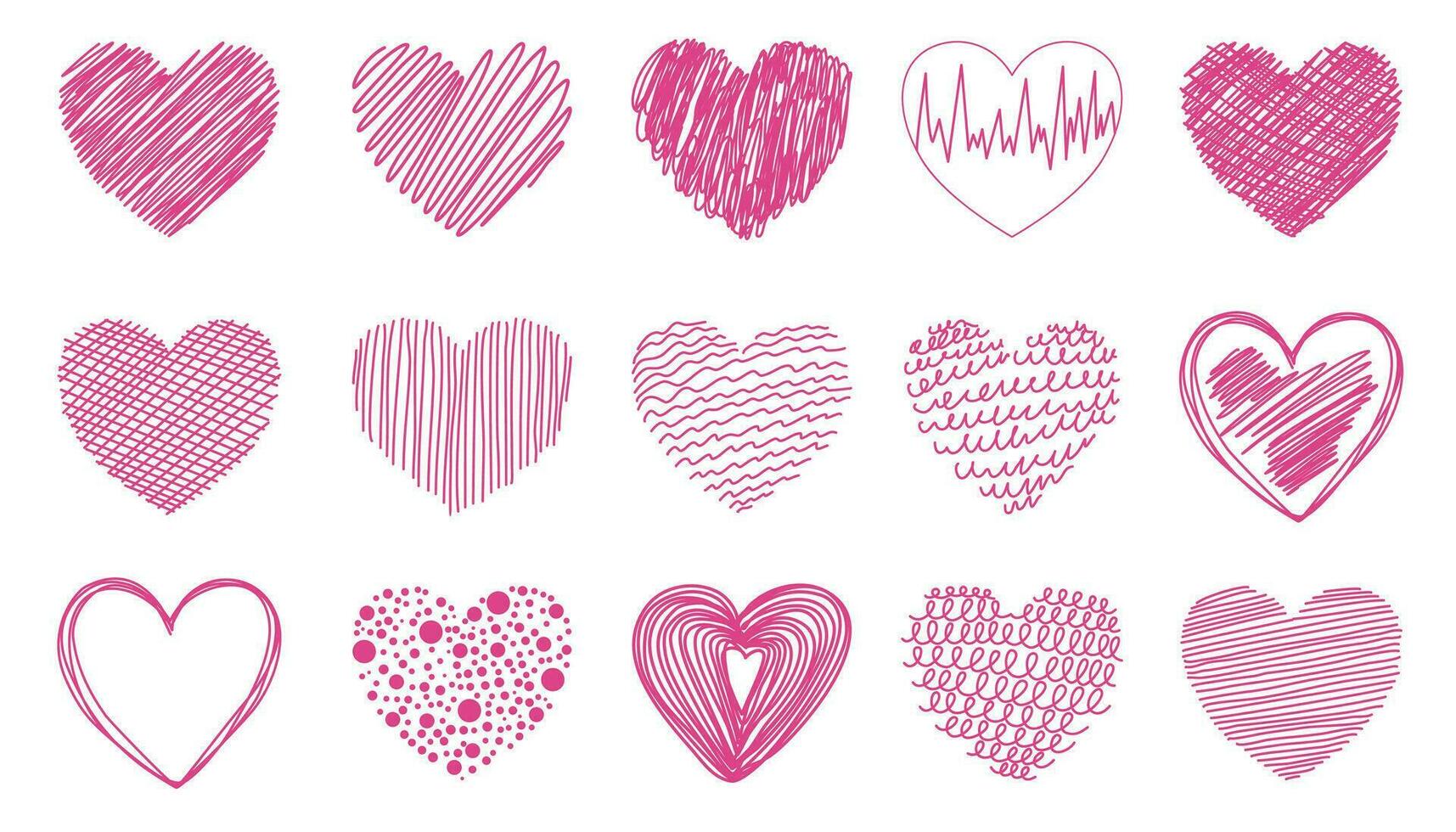 rosado corazón colocar. colección de corazón icono mano dibujado vector para amor logo, corazón símbolo, garabatear icono, saludo tarjeta y San Valentín día. pintado grunge vector forma