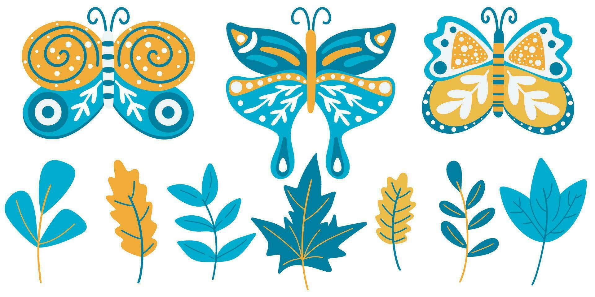 Butterflies and leaves simple hand drawn set vector