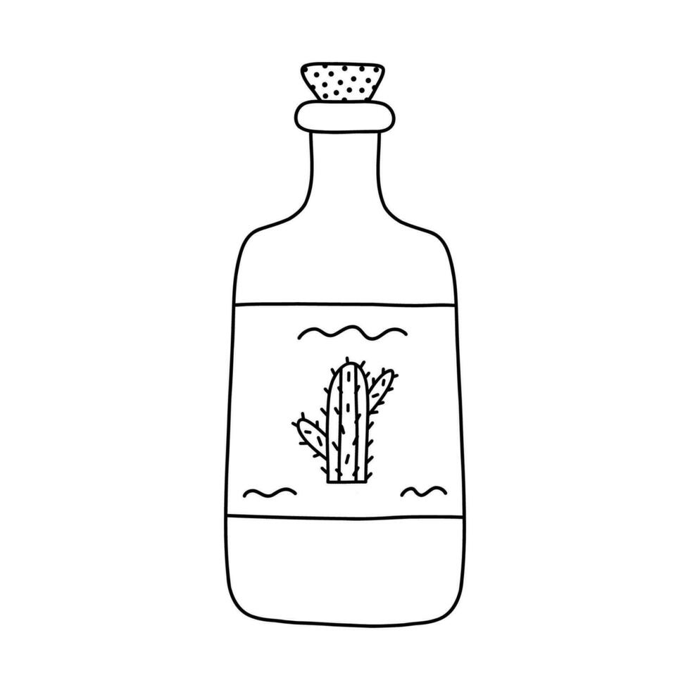 sencillo mano dibujado garabatear con contorno de tequila botella con cactus etiqueta. tradicional mexicano alcohol bebida icono en estilo. fiesta bebidas y espíritu clipart aislado en blanco antecedentes. vector