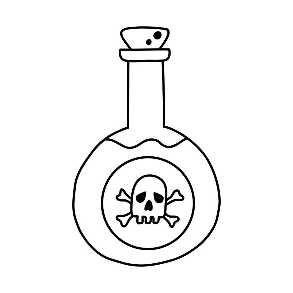 Simple hand drawn poison bottle with skull and bones mark on the label. Cute doodle with outline of toxic, dangerous chemical liquid. Alchemy or magician beverage elixir in the flask or jar. vector