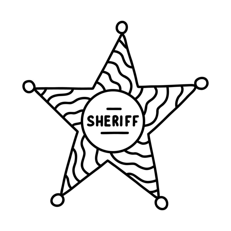 Sheriff badge doodle in the star shape with hand drawn outline. Cute emblem of western police, sign of law, security, justice. Wild West and cowboy symbol with golden elements isolated on background vector