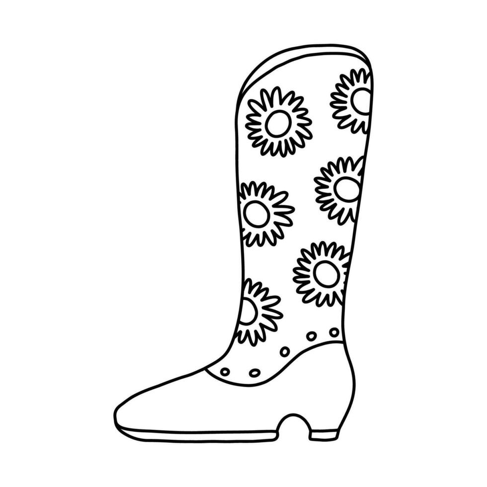 Hand drawn doodle with outline of retro cowgirl boots with sunflower pattern. Vector woman boots in cowboy western style. Simple shoes of Wild West with flower ornament for cowboy party design.