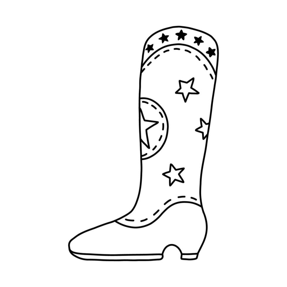 Hand drawn doodle with outline of retro cowboy boots with stars pattern. Vector decorated cowgirl and cowboy boots in western style. Simple sheriff shoes of Wild West with ornament.