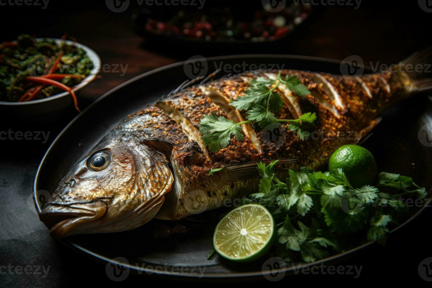 todo pescado con un A la parrilla piel árabe comida generativo ai foto