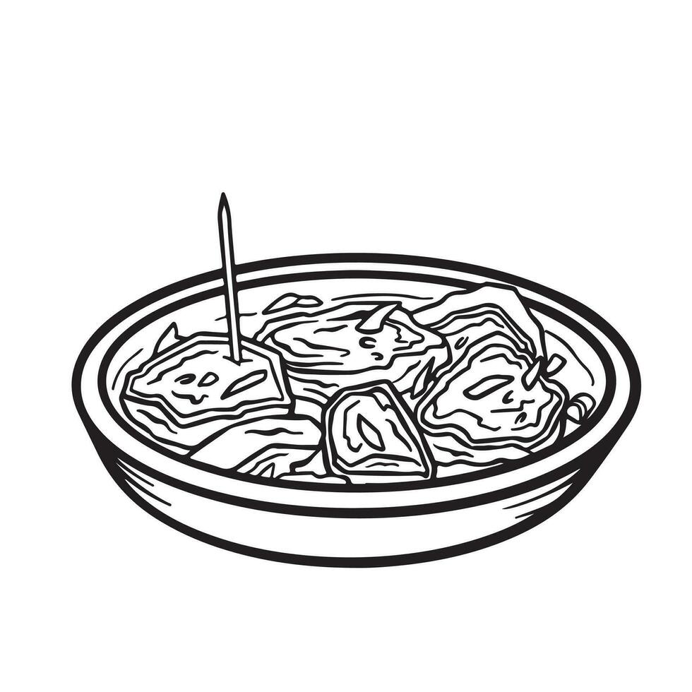 Tahu gejrot indonesian food vector illustration outline only for coloring book isolated on square white background. Simple flat tofu sweet and salty dish cartoon art styled drawing.