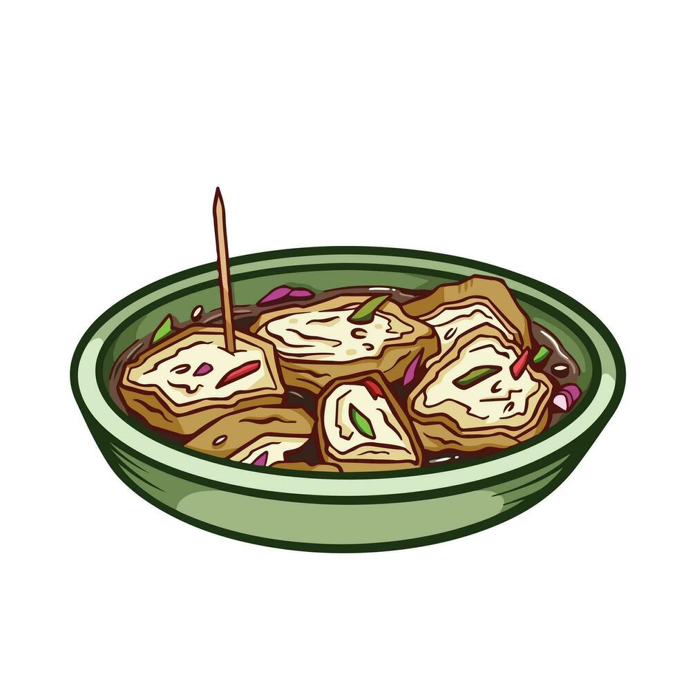 Tahu gejrot indonesian food vector illustration outlined and colored isolated on square white background. Simple flat tofu sweet and salty dish cartoon art styled drawing.