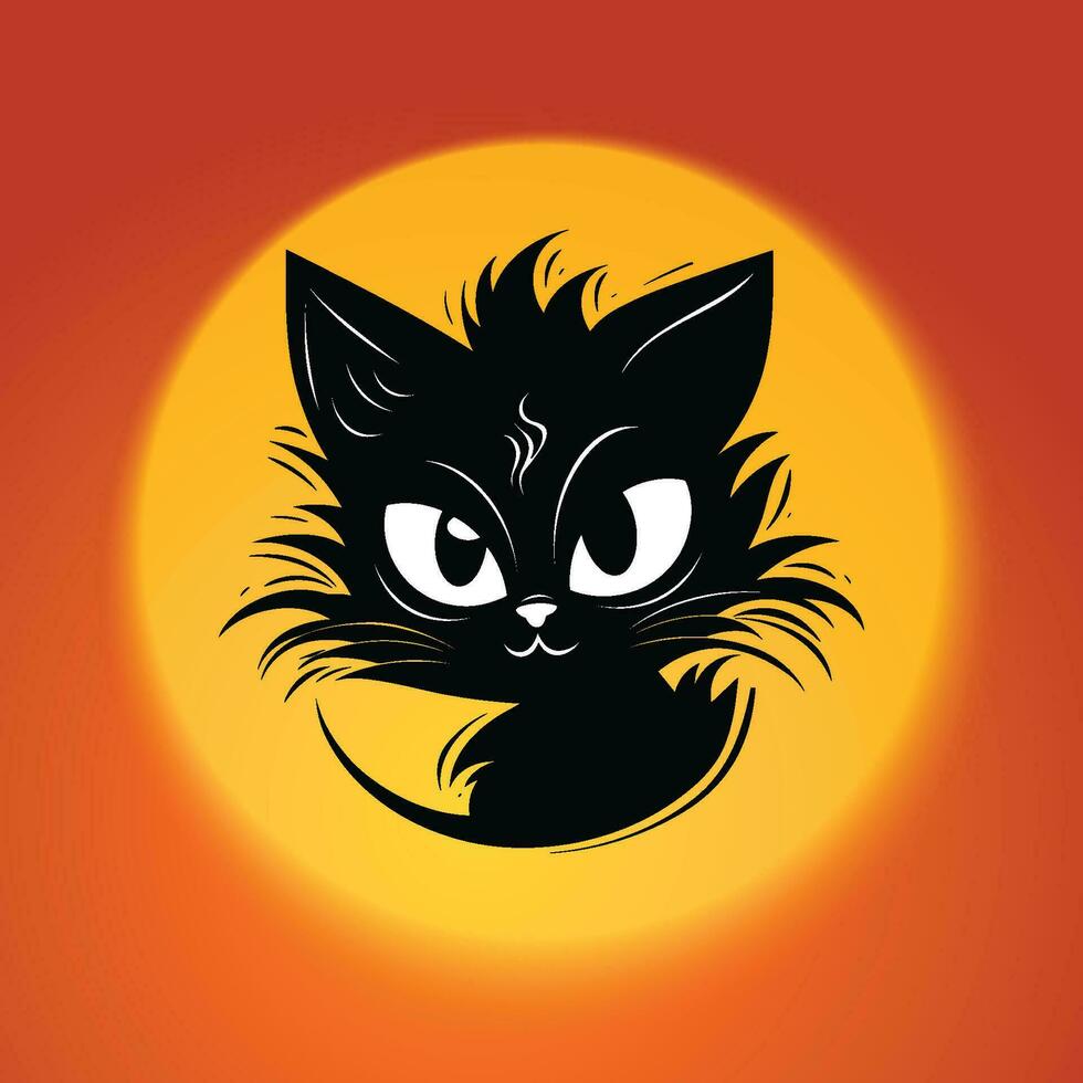 Black Cat with Mischievous Expression on Orange Background vector