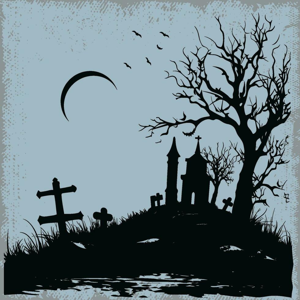 Gothic Cemetery Scene with Moon and Tree vector
