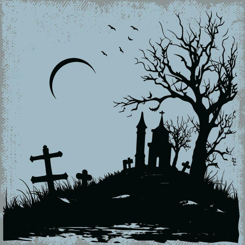 gótico cementerio escena con Luna y árbol vector