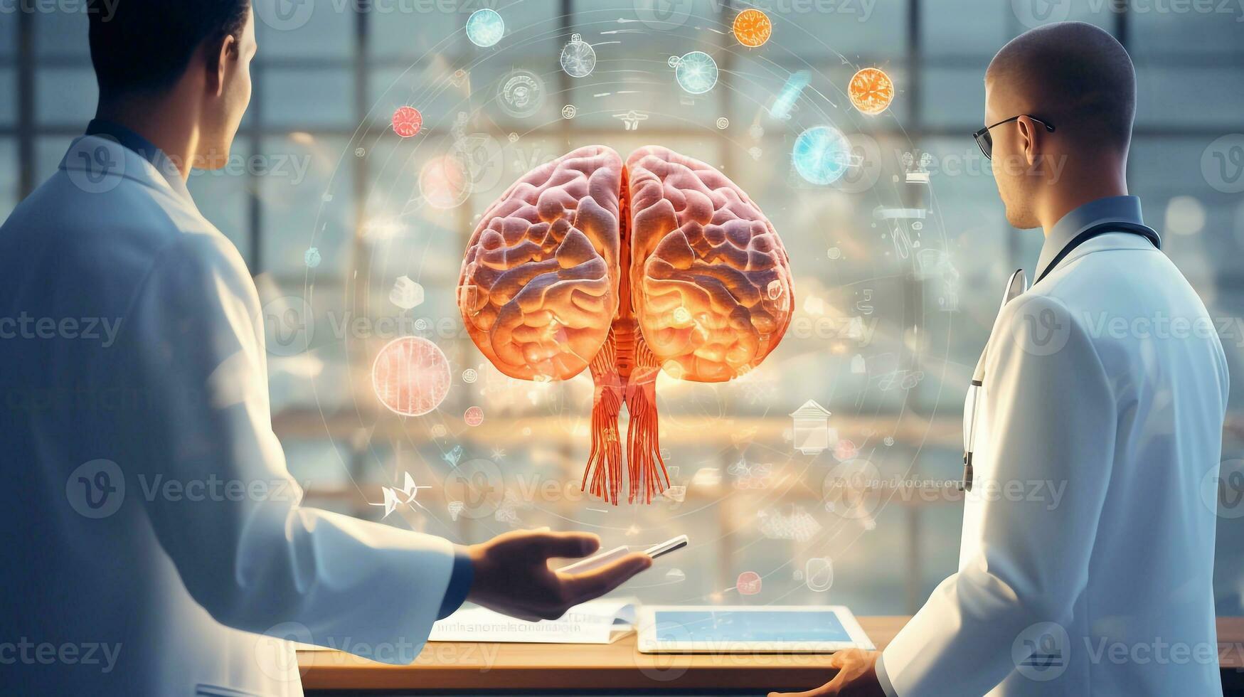doctor surgeon and neurologist learning about human brain in isolation, human brain in hand of a doctor ui overlay on screen generative ai photo