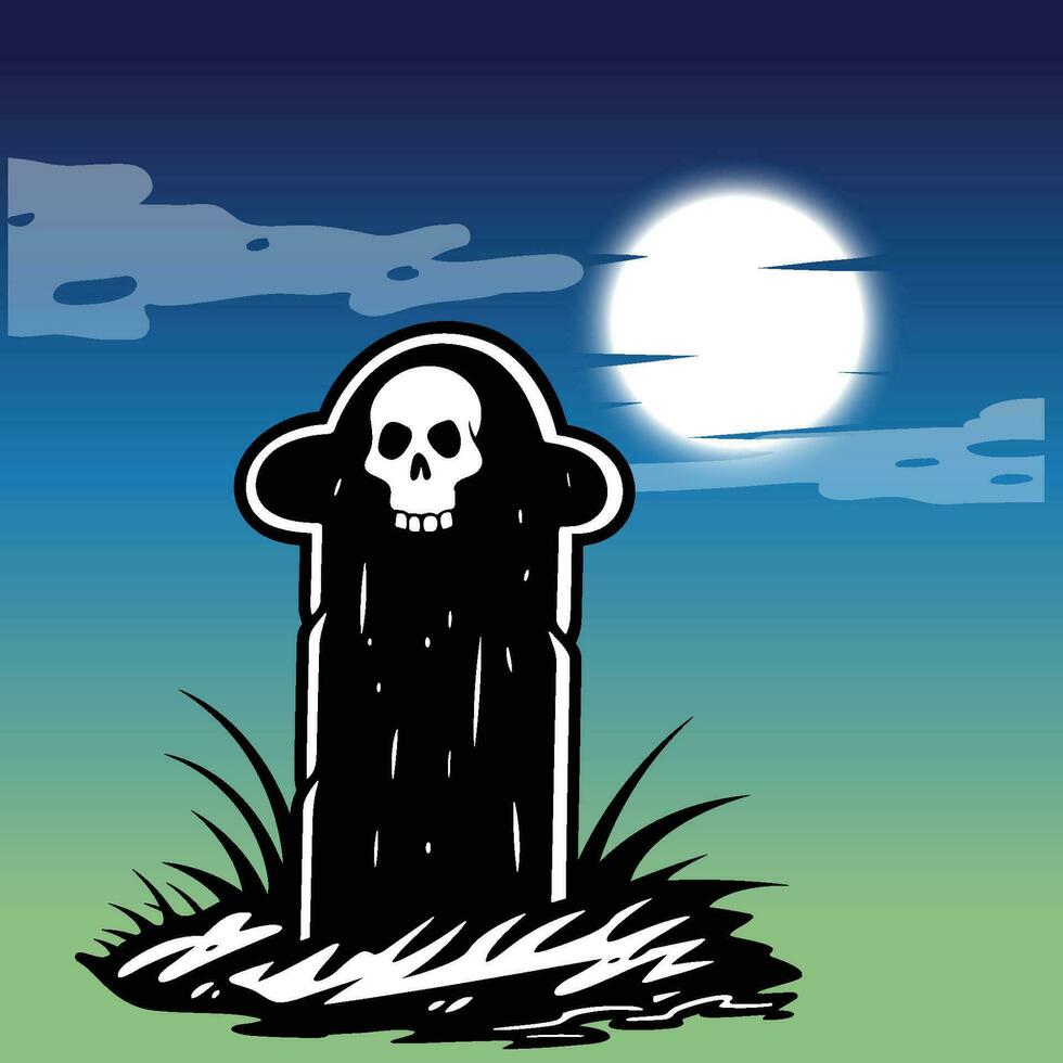 A Spooky Skull on a Tombstone at Night vector