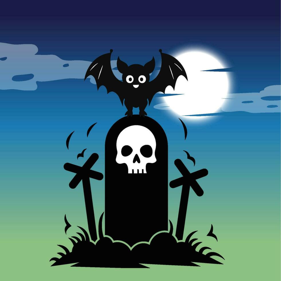Spooky bat and skull on a tombstone at night vector