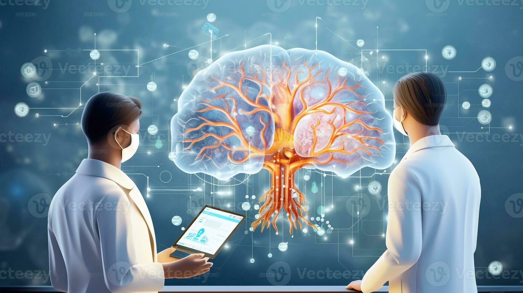doctor surgeon and neurologist learning about human brain in isolation, human brain is on big screen ui overlay on screen generative ai photo