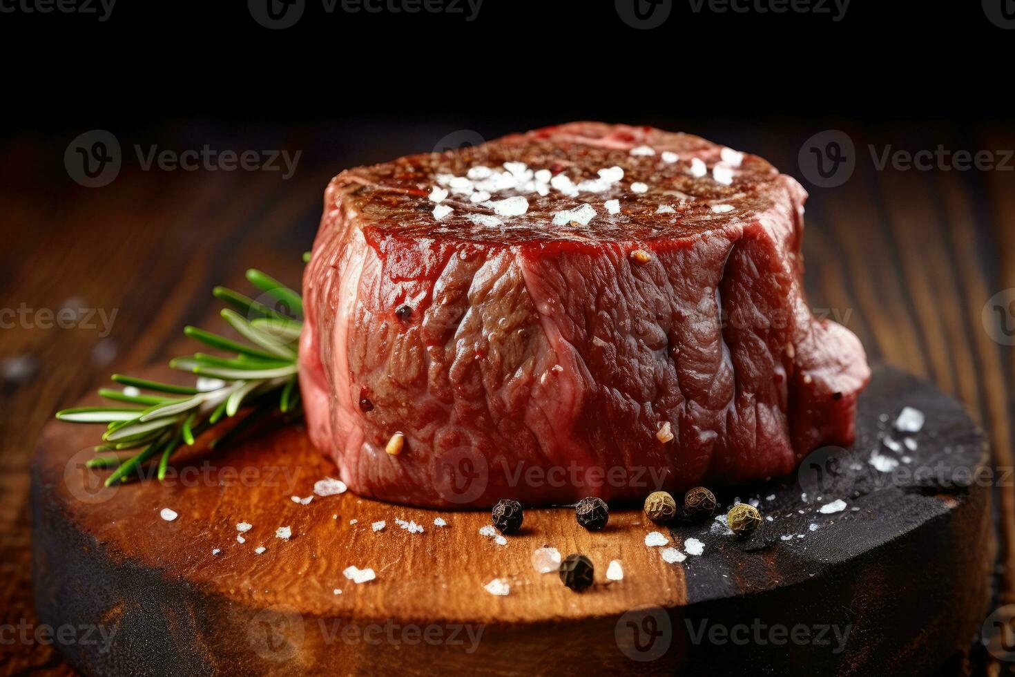 Raw beef filet Mignon steak on a wooden Board with peppers and herbs, AI Generated photo