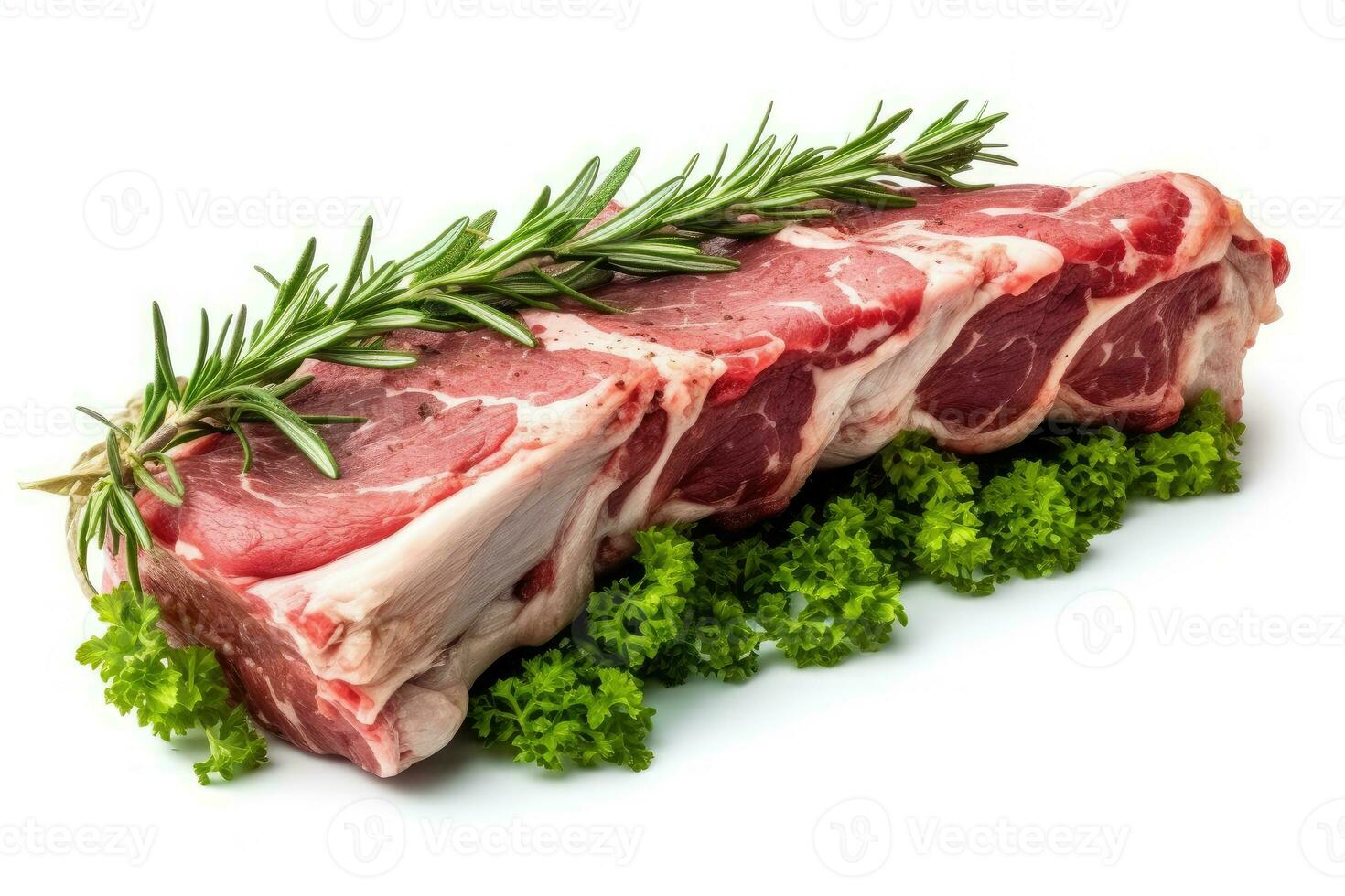 Lamb Ribs meat and herbs isolated on white, Generative AI photo
